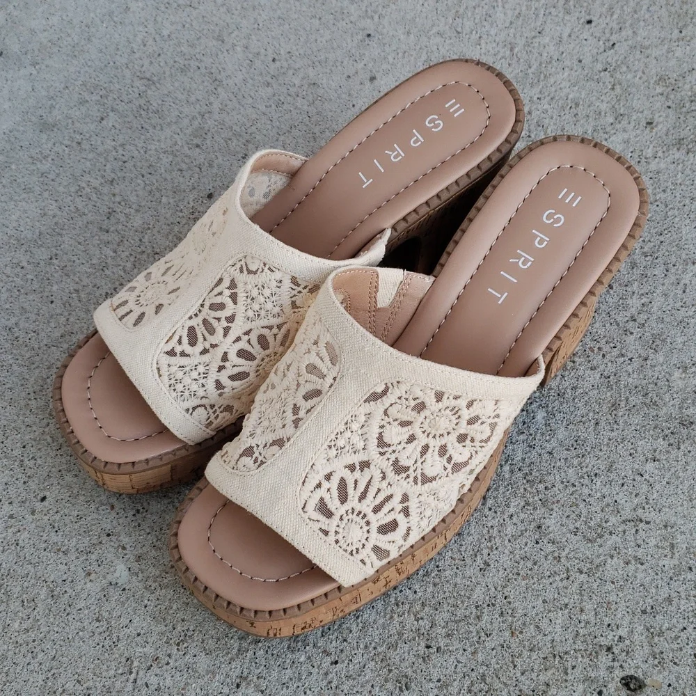 ESPRIT Pheby Floral Embroidered Platform Corks Block Heel Sandals Neutral Boho